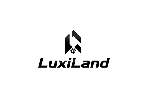 fondo blanco diseño minimalista con el logo de Luxiland que exprese energía fuerza y disciplina 
